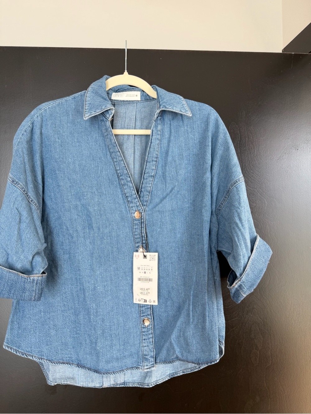 Zara Mid-Blue Denim Wide Sleeve Shirt – Size Medium